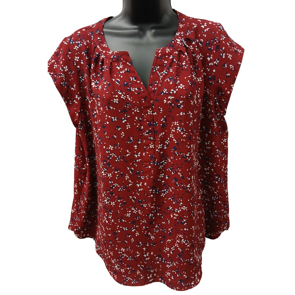 41 Hawthorn Womens Red Floral Cap Sleeve Split Neck Blouse WGW10479 Large